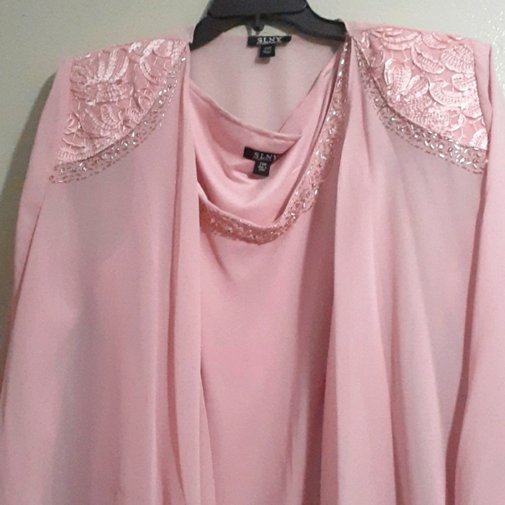 SLNY pink dress with sheer jacket.